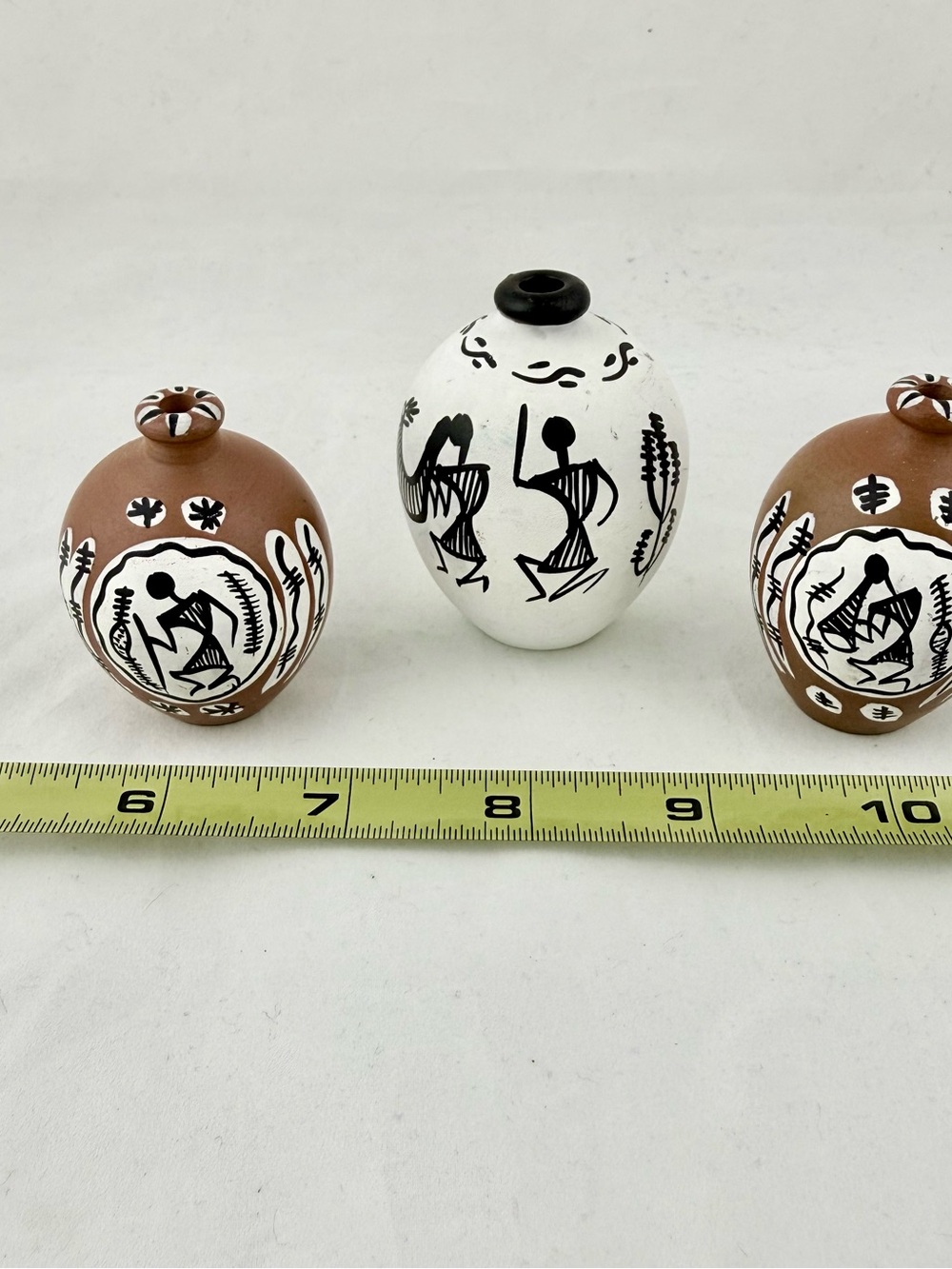 Miniature Hand Painted Warli Ceramic Pots Tribal Folk Art Set of 3